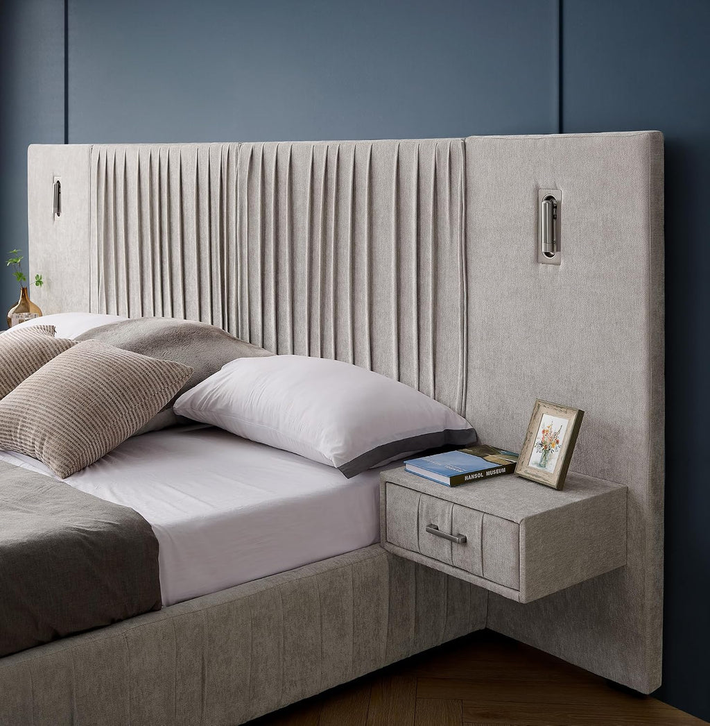 King Size Upholstered Platform Bed Frame with Headboard & Built-in Nightstand, Luxury Bed Frame for Modern Bedroom Sets, No Box Spring Needed, Stable & Adjustable Lighting(Beige)
