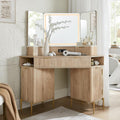 T4TREAM 48' Fluted Makeup Vanity Desk with HD Triple Mirror and Lights, Large Lighted Corner Vanity with Glass Top, Modern Dressing Table with 3 Drawers & 2 Cabinets for Bedroom, Natural Oak