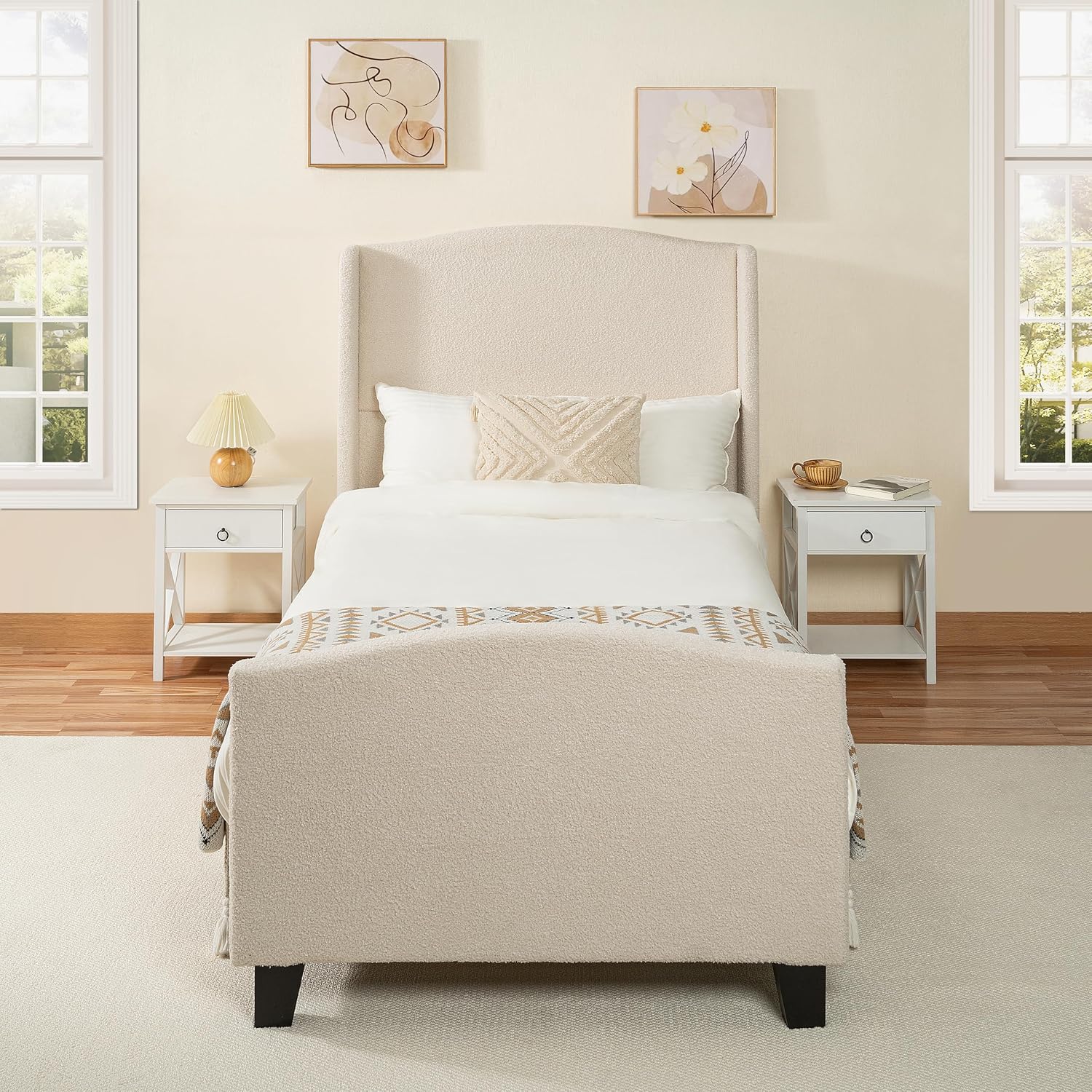 KEIKI Twin Size Velvet Upholstered Platform Bed, Metal Bed Frame w/Tall Wingback Headboard, Modern Solid Bedframe Twin-Size for Bedroom, Wood Slat Support, No Box Spring Needed, Easy Assembly, Ivory