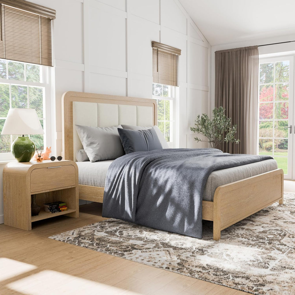 Furniture of America Verena Boho Solid Wood 2-Piece Bedroom Set with Padded Headboard Bed, Metal Side Glide, Finger Pulls on Nightstand, Box Spring Needed, Queen, Natural