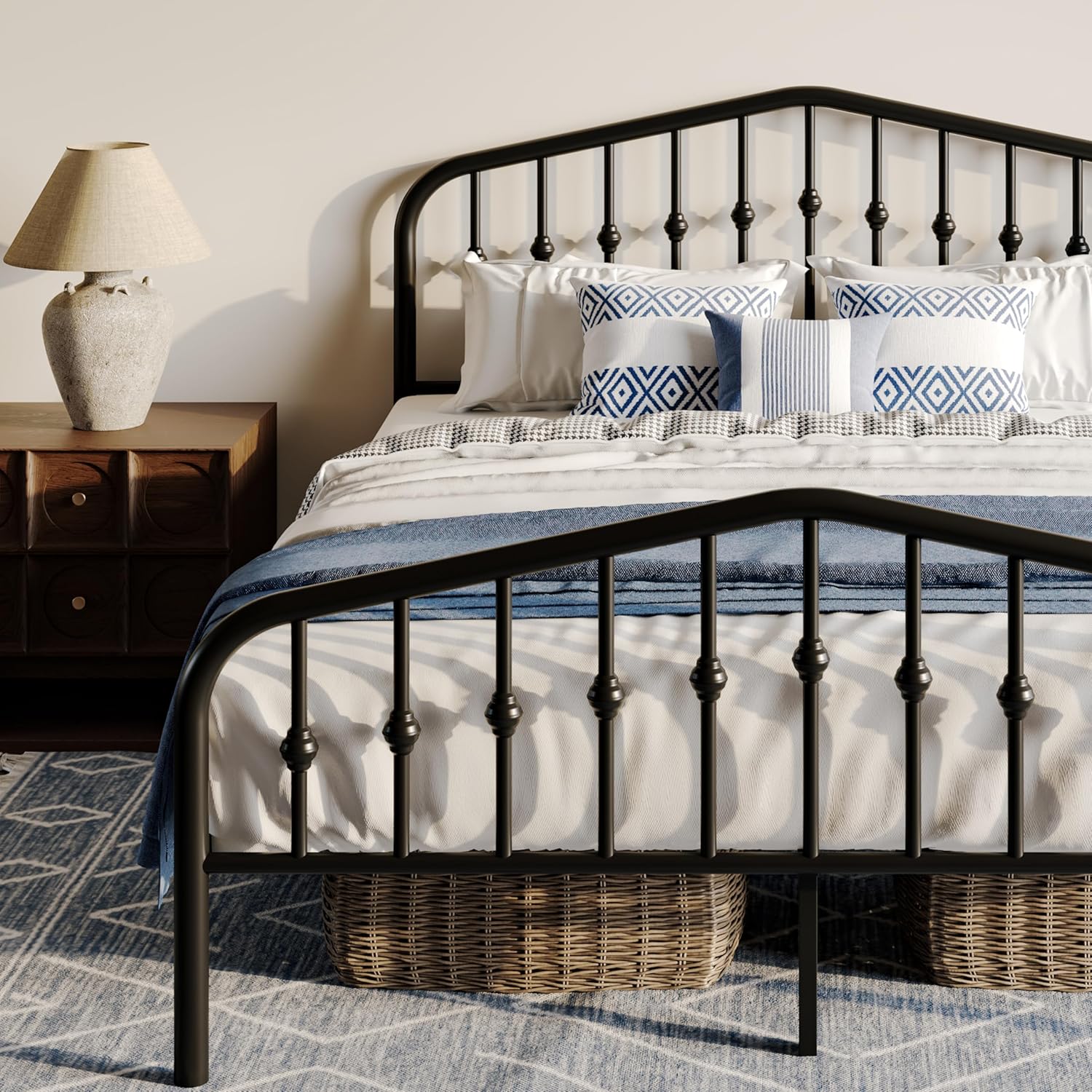 WEEWAY Full Size Metal Platform Bed Frame with Vintage Style Wrought Iron Headboard and Footboard,No Box Spring Needed,Easy Assembly, Black