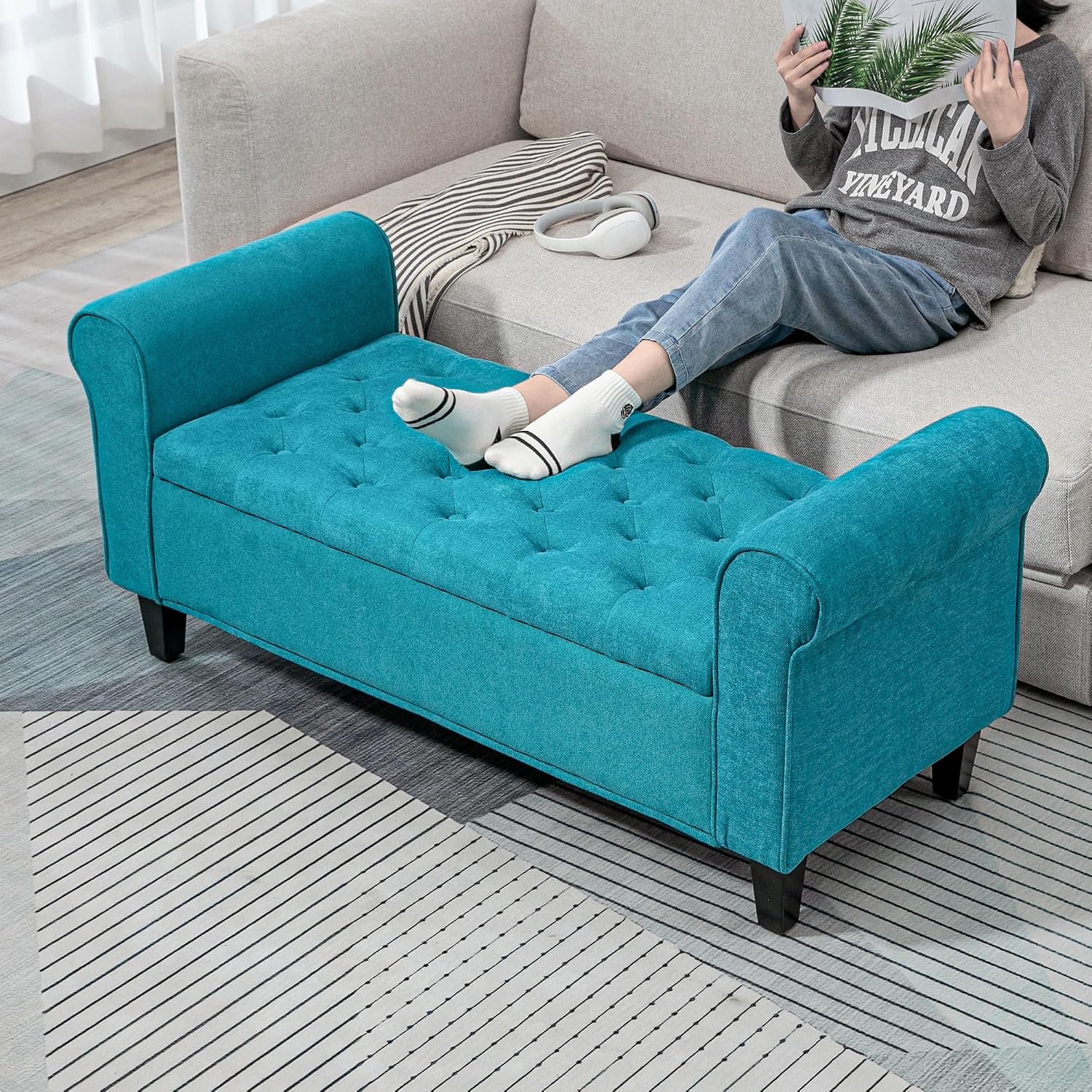 50' Storage Ottoman Bench, Upholstered End of Bed Bench with Rolled Arms, Wood Legs, Button Tufted Storage Bench with Safety Hinges for Living Room, Entryway, Bedroom, Teal