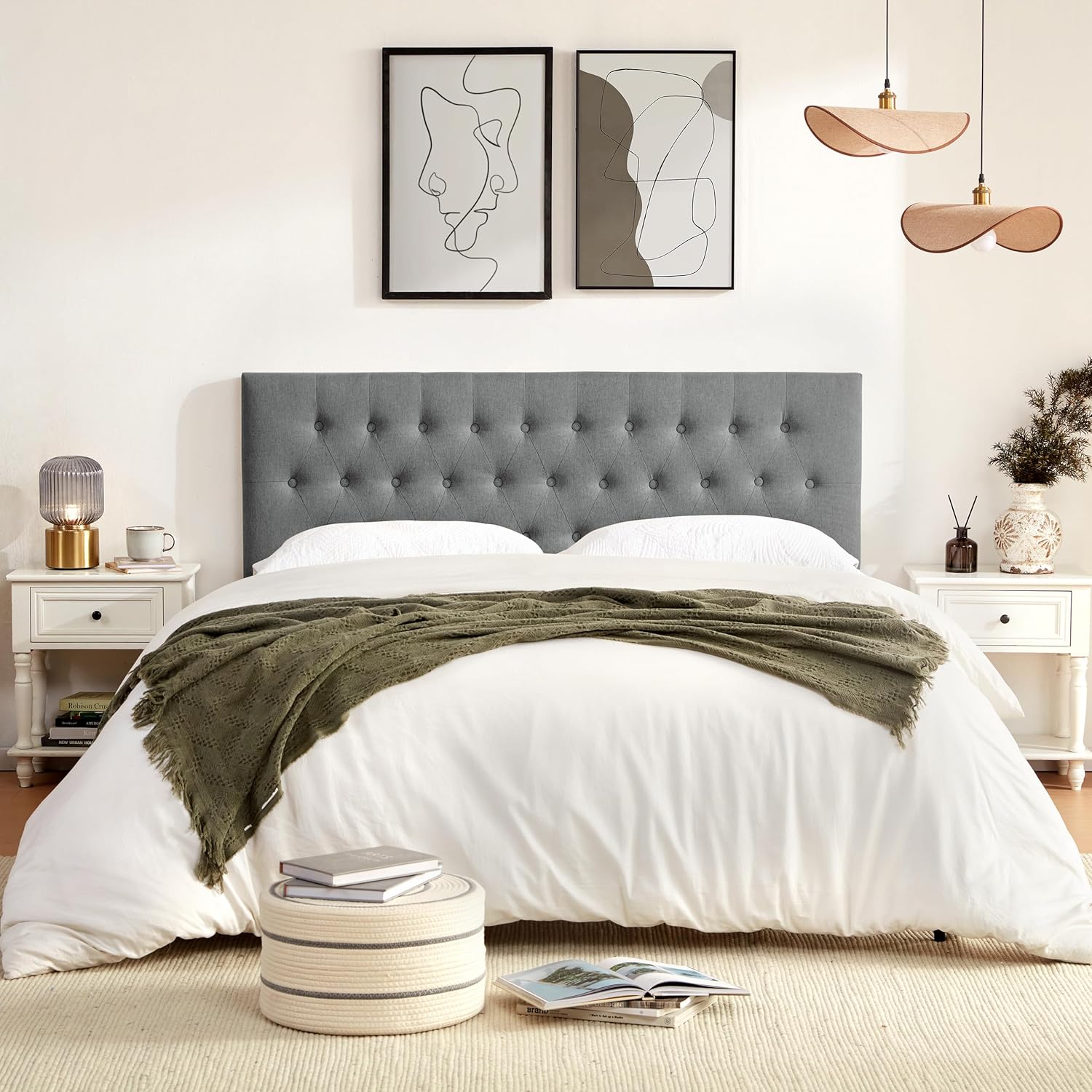 Huatean Home Tufted Upholstered Headboard King Size, Solid Wood Head Board with Durable Metal Legs, Adjustable Height Bed headboard from 37' to 51' Fabric Headboard in Modern Button Design, Grey