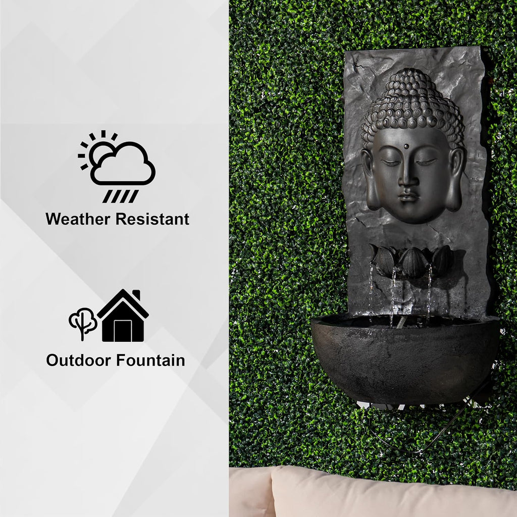 XBrand 30' H Buddha Water Fountain, Zen Wall Outdoor Garden Fountain w/Warm LED Light & Pump, Black Resin Water Fountain for Patio Backyard Home Decor