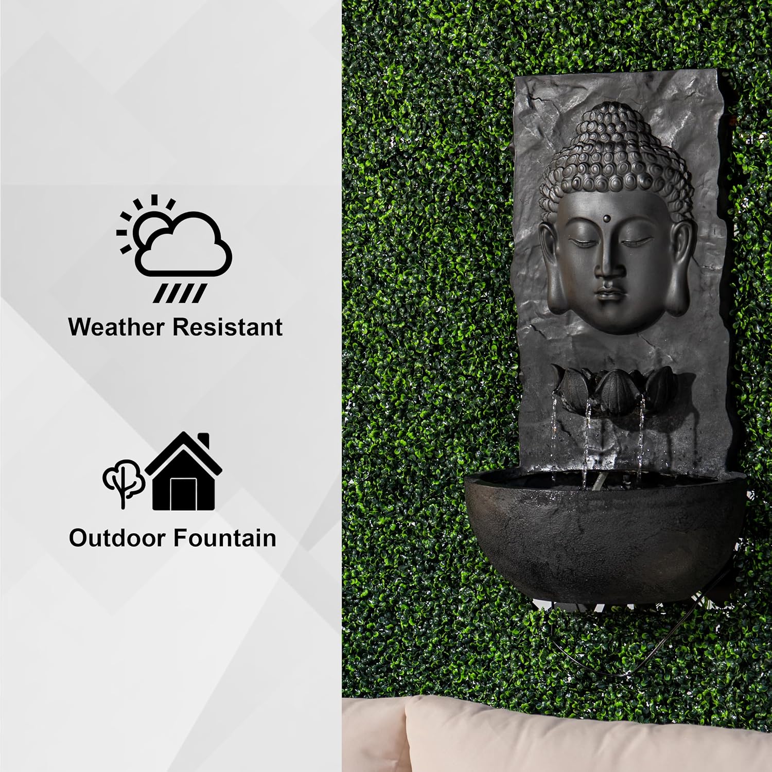 XBrand 30' H Buddha Water Fountain, Zen Wall Outdoor Garden Fountain w/Warm LED Light & Pump, Black Resin Water Fountain for Patio Backyard Home Decor