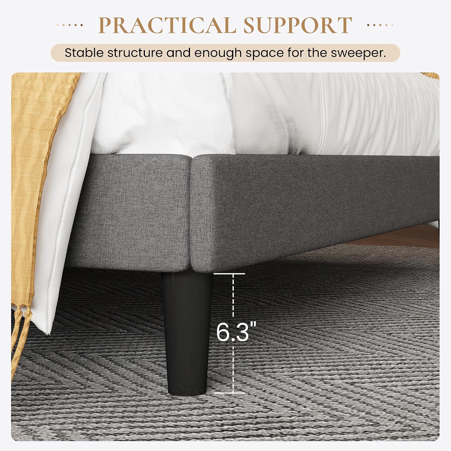 SHA CERLIN Upholstered Bed Frame King Size with Streamlined Wingback Headboard, Breathable Linen Fabric, Solid Wooden Slats, Easy Assembly, Dark Grey