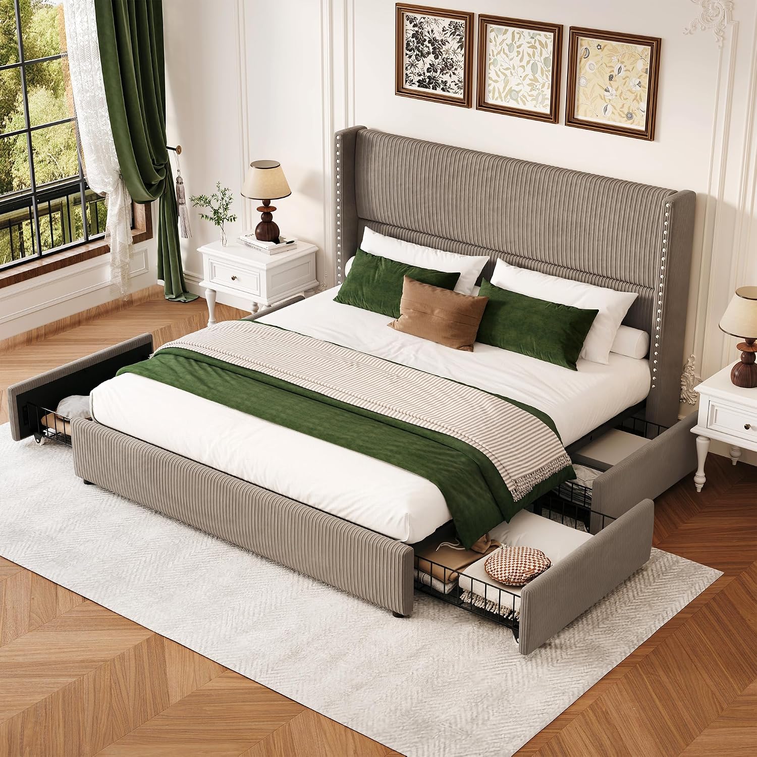LARMACE King Size Bed Frame with 4 Storage Drawers,Corduroy Upholstered King Size Platform Bed Frame with Tufted Vertical Stripe,Solid Wood Leg/No Box Spring Needed/Noise Free,Brown