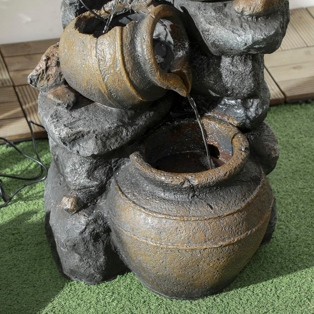 Outsunny 28.3' Tall Solar Powered Outdoor Water Fountain, 4-Tier Floor Standing Resin Cascading Jars and Stacked Stones Waterfall Fountain with LED Lights and Pump for Garden, Patio, Backyard