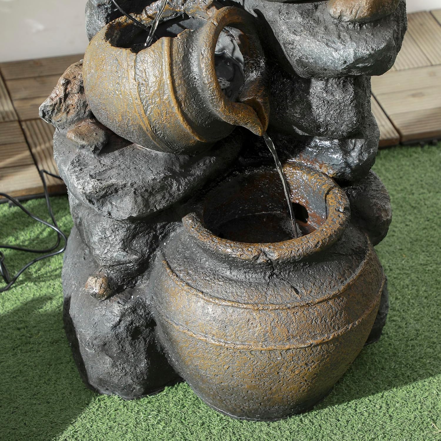 Outsunny 28.3' Tall Solar Powered Outdoor Water Fountain, 4-Tier Floor Standing Resin Cascading Jars and Stacked Stones Waterfall Fountain with LED Lights and Pump for Garden, Patio, Backyard