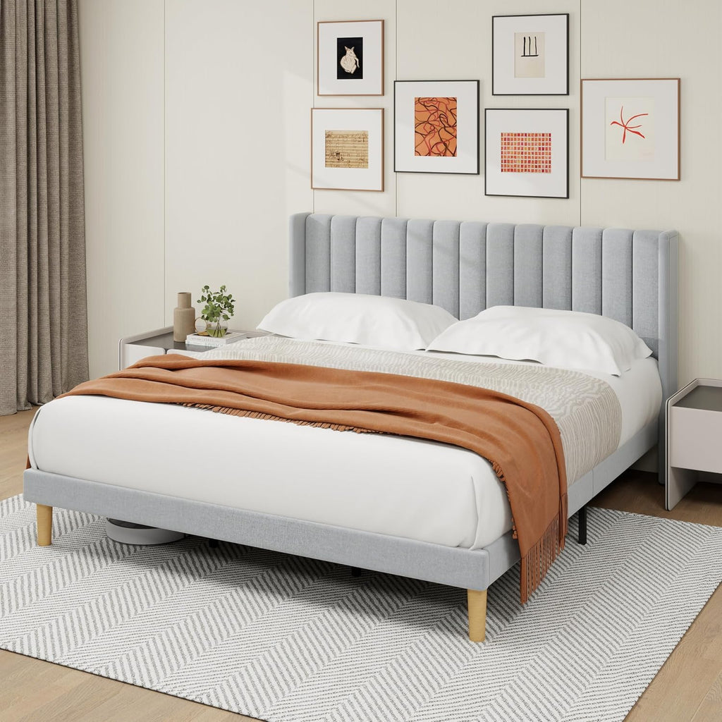 alazyhome Platform Bed Frame King Size with Upholstered Headboard, Solid Wood Slats Support, No Box Spring Needed, Noise Free, Easy Assembly, Modern Fabric Bed, Light Grey
