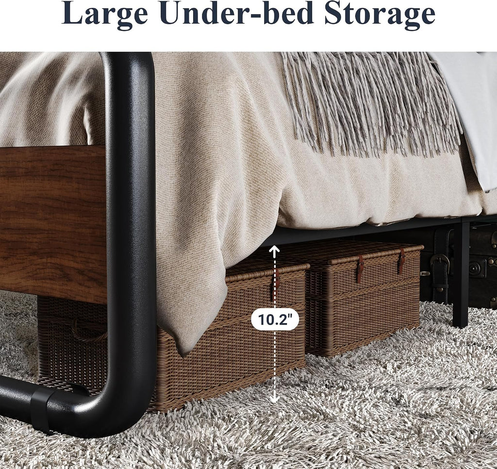 Allewie Full Size Metal Bed Frame with Curved Wood Headboard and Footboard, Heavy Duty Platform Iron Bed with Under-Bed Storage, Noise Free, No Box Spring Needed, Easy Assembly, Walnut