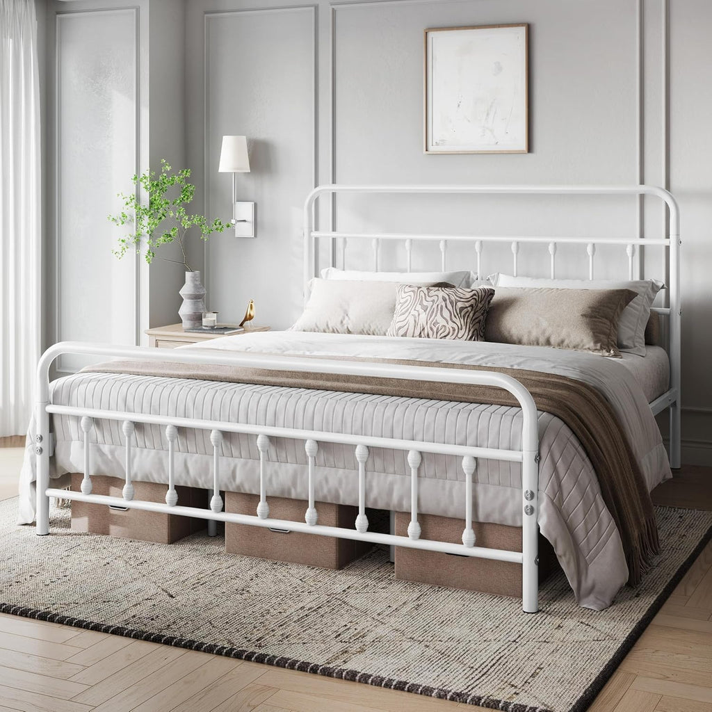 Yaheetech Classic Metal Platform Bed Frame Mattress Foundation with Victorian Style Iron-Art Headboard/Footboard/Under Bed Storage/No Box Spring Needed/King Size White