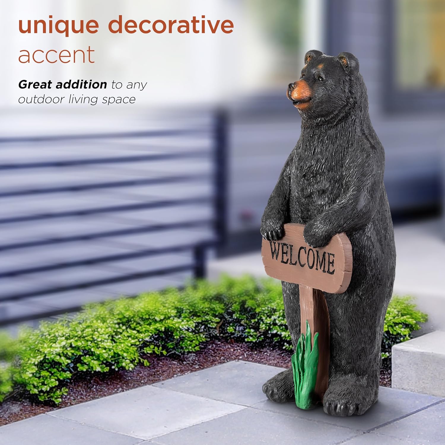 Alpine Corporation 36' Tall Outdoor Standing Black Bear with Welcome Sign Yard Statue Decoration