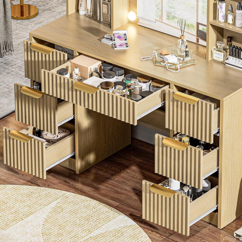 Fluted Vanity Desk with Mirror and 10 Adjustable LED Lights, Modern Makeup Desk with 7 Drawers & 6 Shelves, Dressing Table with Charging Station for Girls, Women, Bedroom, Natural Oak