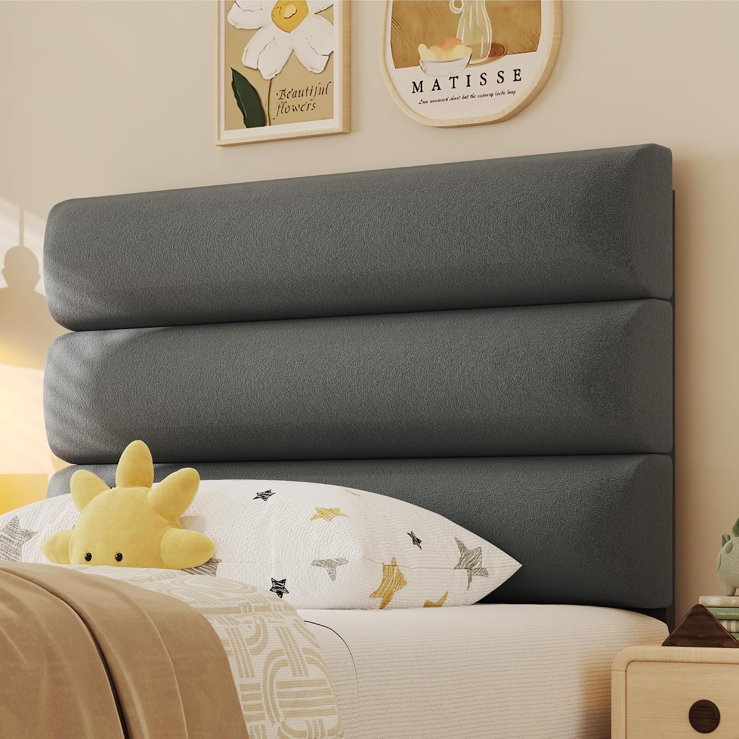 Fluest Twin Bed Frame, Platform Bed Frame with Velvet Upholstered Headboard, No Box Spring Needed, Sturdy Metal Support, Noise Free, Easy Assembly, Modern Bedroom Furniture, Grey