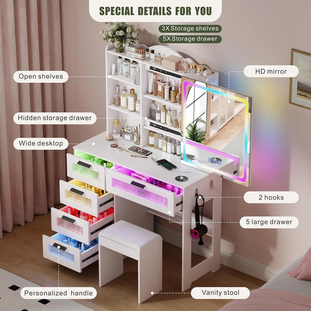 Vanity Desk with Mirror and Adjustable RGB Lights,Large 6 Drawers Makeup Table with Charging Station for Women and Girls, Bedroom or Dorm, White