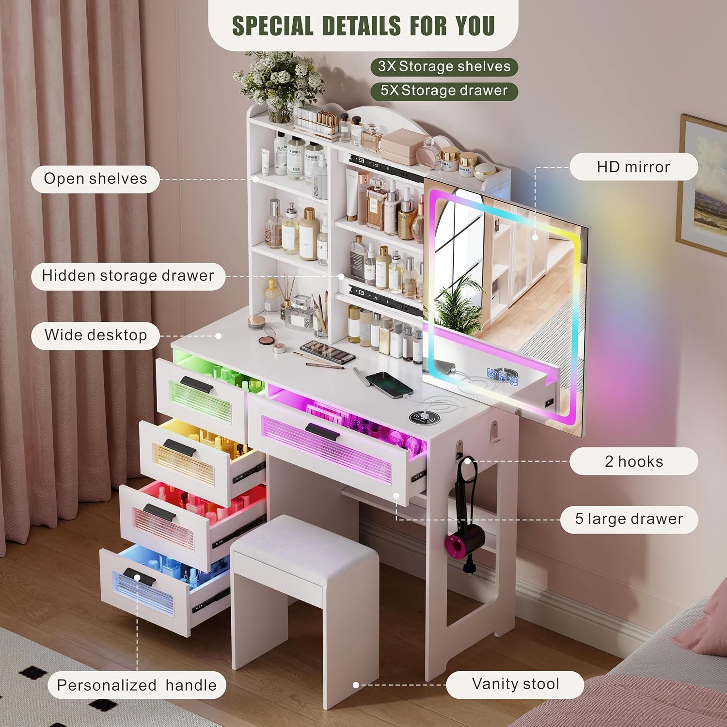 Vanity Desk with Mirror and Adjustable RGB Lights,Large 6 Drawers Makeup Table with Charging Station for Women and Girls, Bedroom or Dorm, White