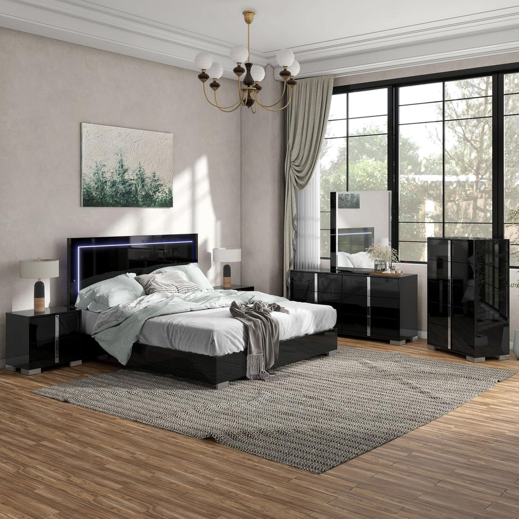 Furniture of America Alistair Modern Wood 6-Piece Bedroom Collection with Bed Frame, Chest, 2-Drawer Nightstands and 6-Drawer Dresser with Mirror, Box Spring Required, Black, Queen