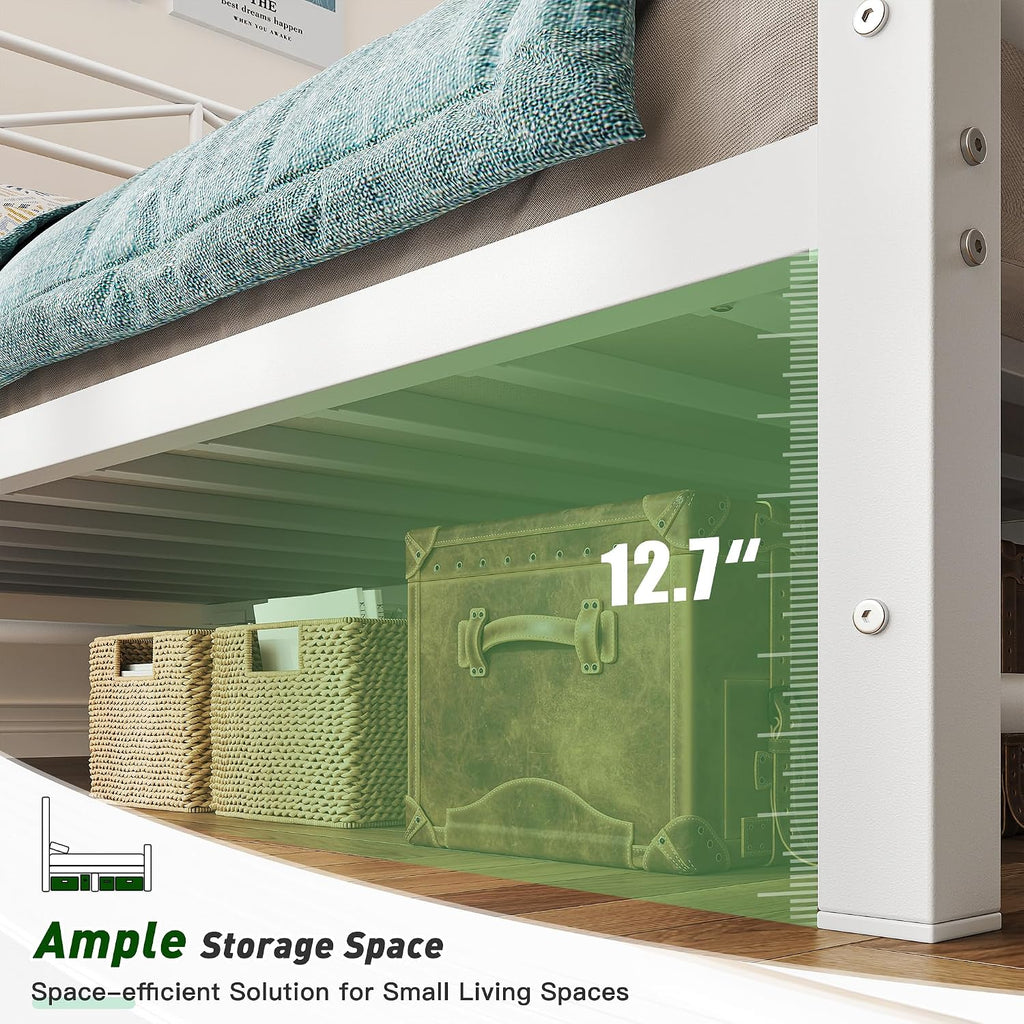EnHomee 14.2' Metal Twin Bed Frames with Tall Headboard & Footboard, LED Light Twin Bed Frame, Strong Metal Slats Support and Noise-Free Design with Under Bed Storage/No Box Spring Needed/White
