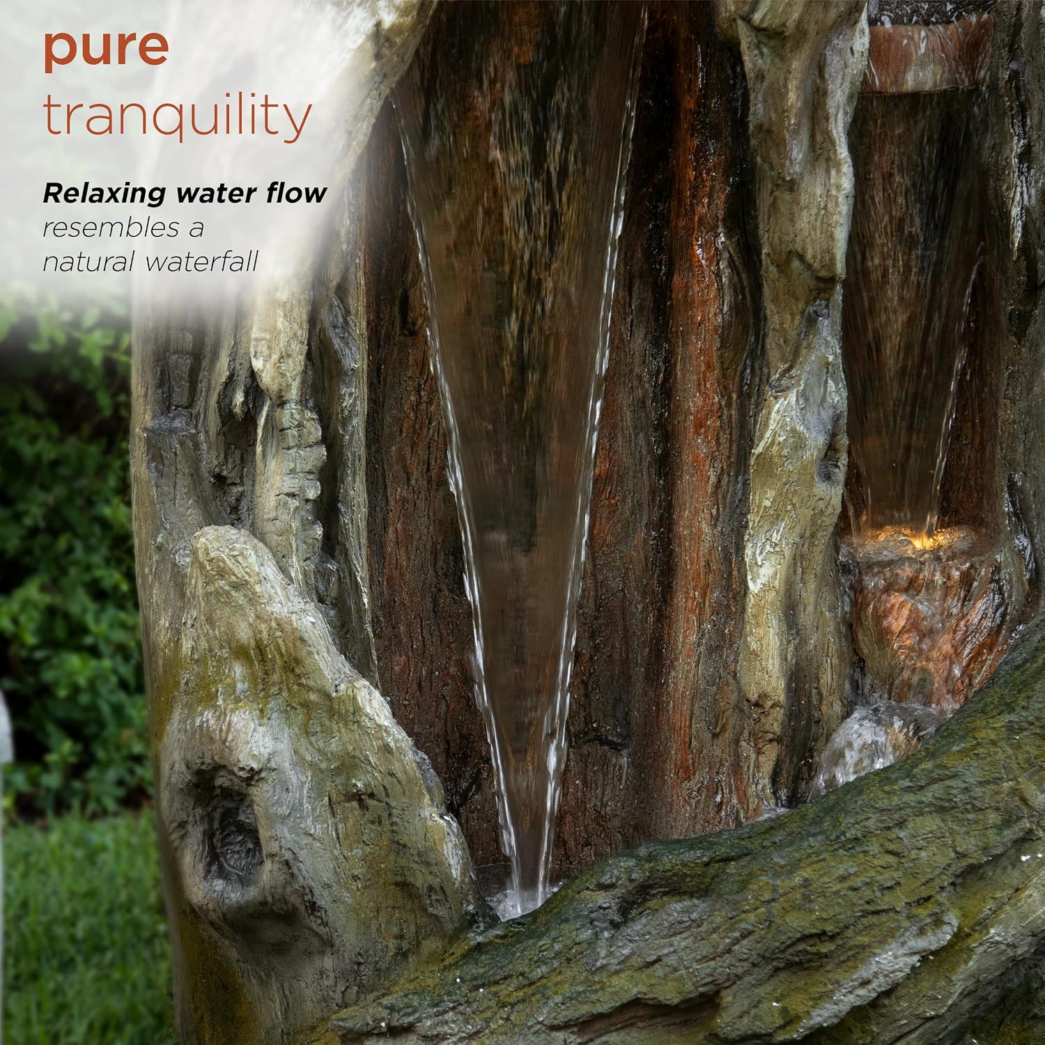 Alpine Corporation 62' Rustic Outdoor Tree Trunk Waterfall Fountain with LED Lights – Natural Wood-Look Water Feature for Gardens, Patios, Yards, and Landscaping Decor, Resin
