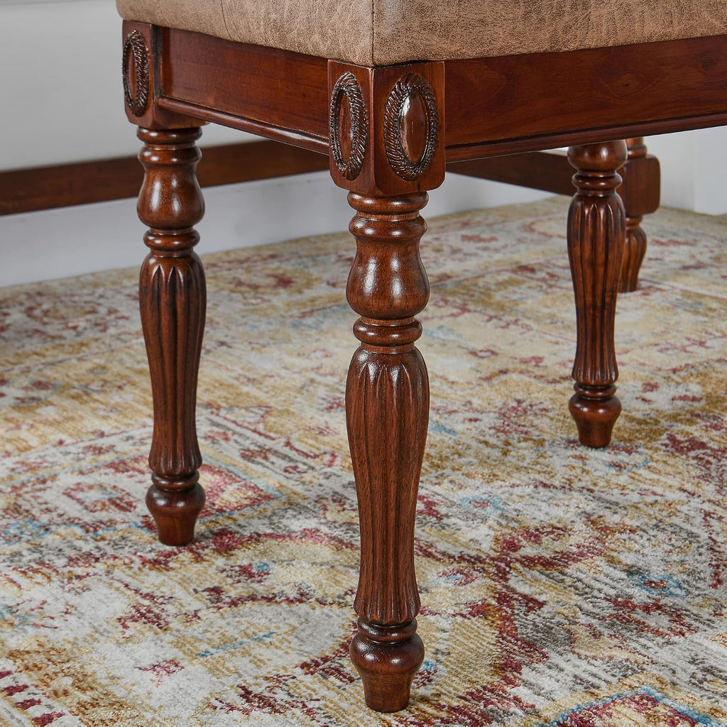 LEEMTORIG Vanity Stool Bench Ottoman Stool, Traditional Victorian Style Piano Bench Chair, Upholstered Button Tufted Solid Wood Short Bench, 14.2' Dx18.5 Wx19.1 H, Yellowish Brown Fabric, FD-1533-LT