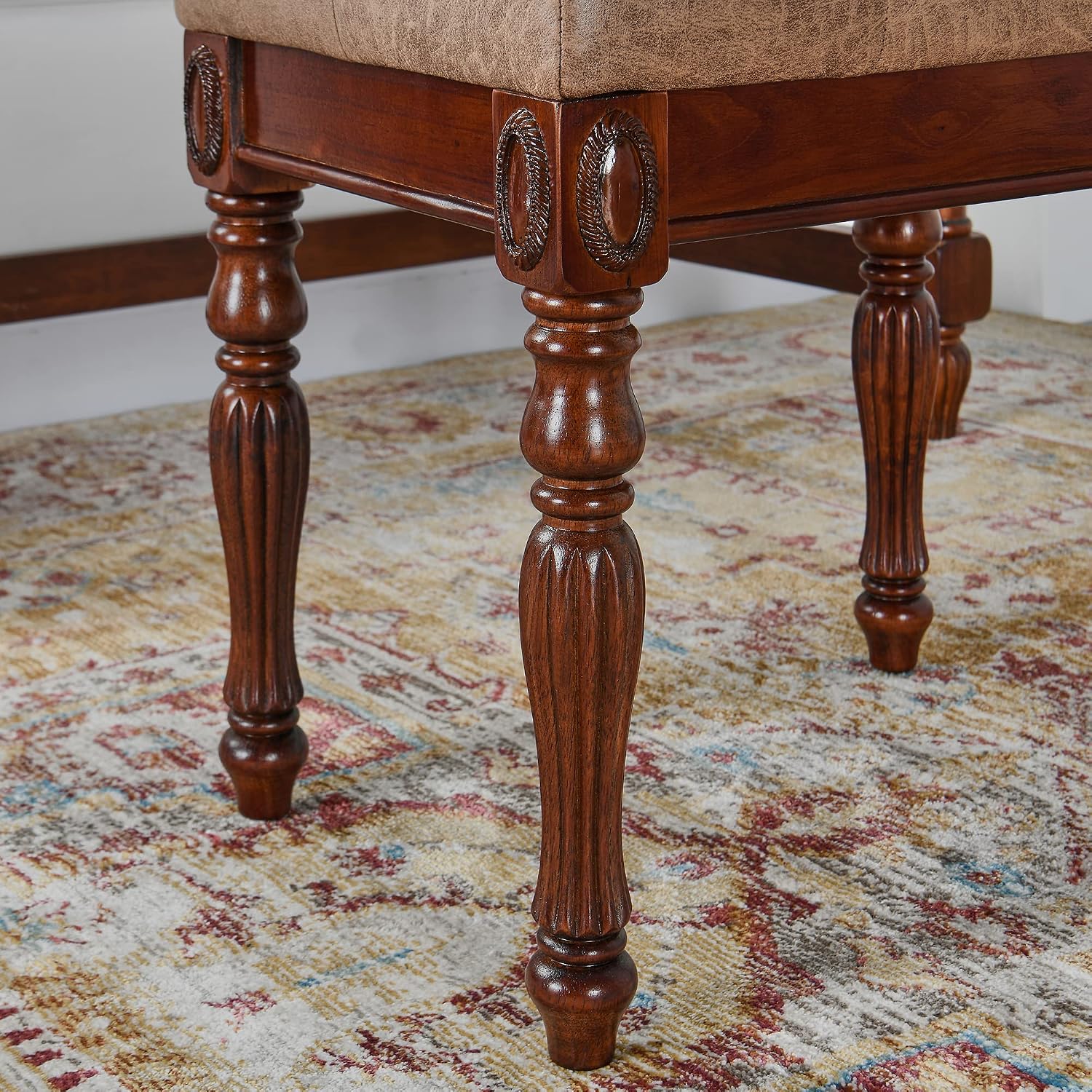 LEEMTORIG Vanity Stool Bench Ottoman Stool, Traditional Victorian Style Piano Bench Chair, Upholstered Button Tufted Solid Wood Short Bench, 14.2' Dx18.5 Wx19.1 H, Yellowish Brown Fabric, FD-1533-LT