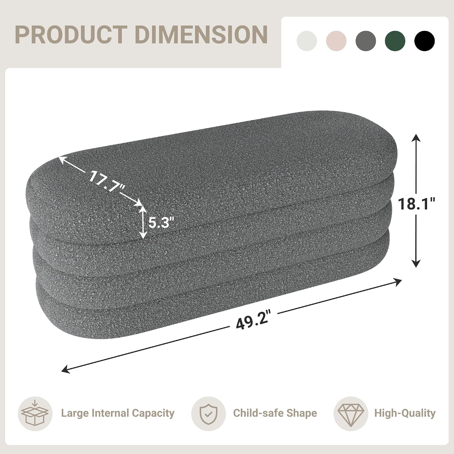 Busaurus Storage Ottoman Bench 49.2 Inch Upholstered Fabric Storage Bench for Bedroom End of Bed Aesthetic Large Oval Ottoman for Living Room(Grey)