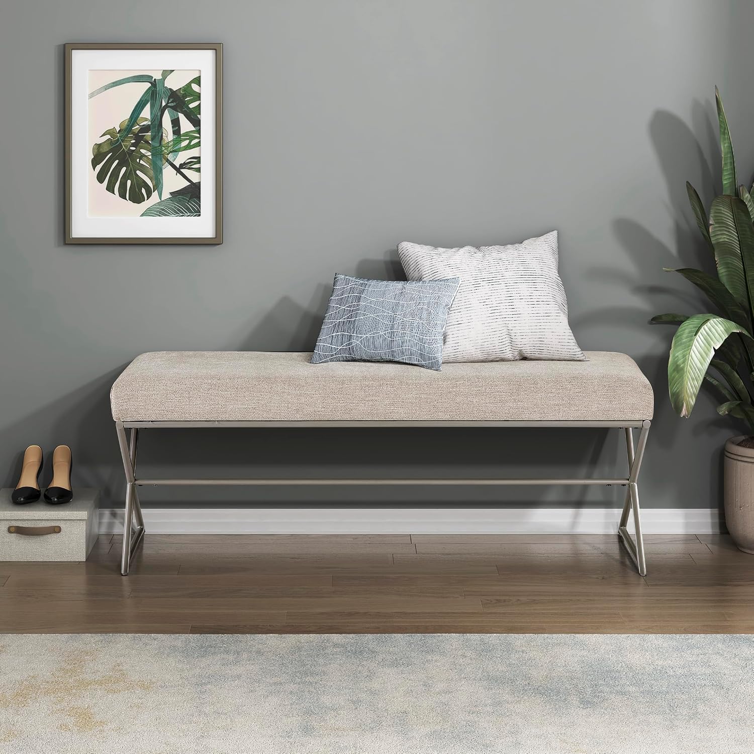 Lexicon Modern Upholstered Entryway Bench, Chenille Fabric Cushion Seat with Foam Padding and Champagne Iron Frame, Accent Bench for Bedroom/Hallway/Living Room, Taupe