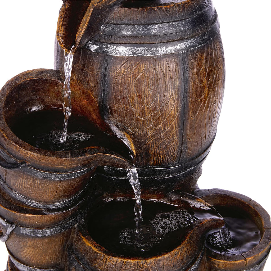 Alpine Corporation ZEN409S Outdoor Rustic 4-Tiered Barrels and Buckets Water Floor Fountain - Farmhouse Style, 24 Inch Tall, Brown