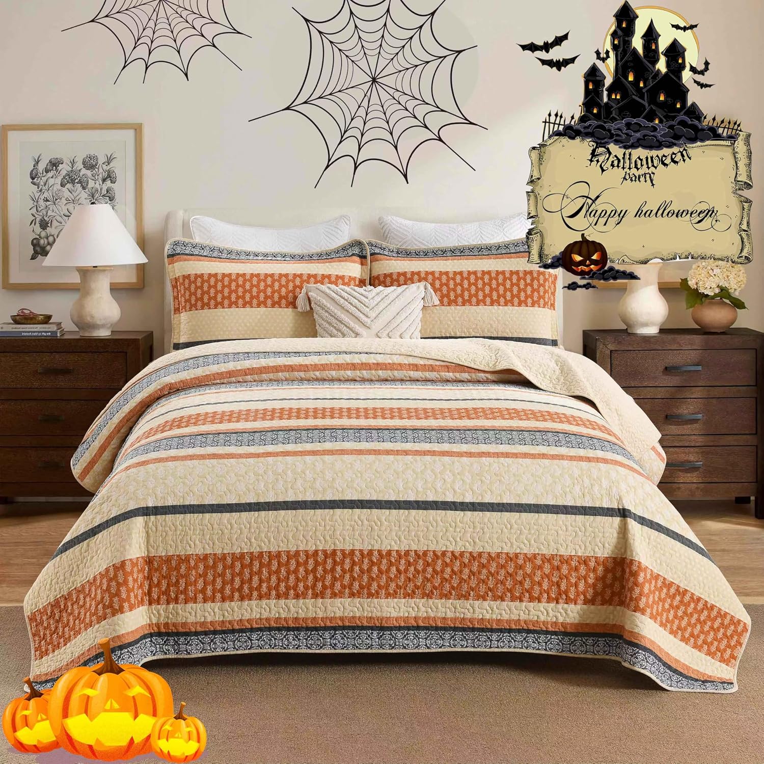 Homzard Quilt King Size, Cotton Orange Gray Black Striped Quilt Bedding Set,Floral Comforter Set King Size,Fall Lightweight Bedspread with Shams,3 Piece All Season