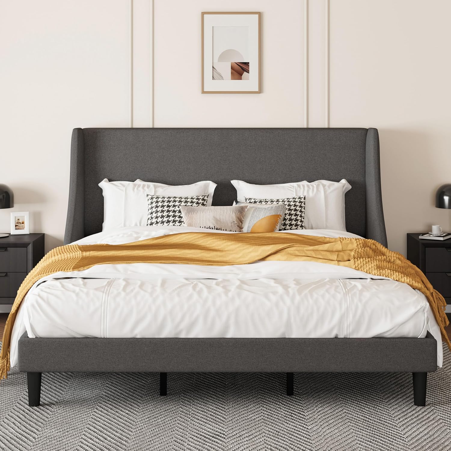 SHA CERLIN Upholstered Bed Frame King Size with Streamlined Wingback Headboard, Breathable Linen Fabric, Solid Wooden Slats, Easy Assembly, Dark Grey