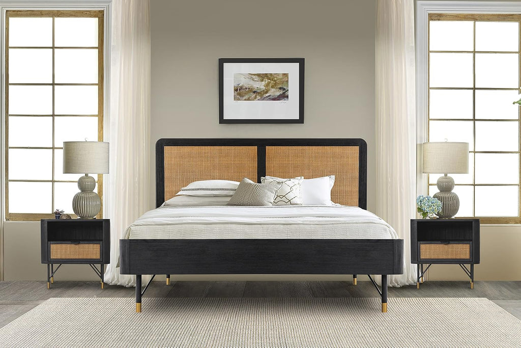Armen Living Saratoga 3 Piece King Bedroom Set in Black Acacia Wood and Rattan