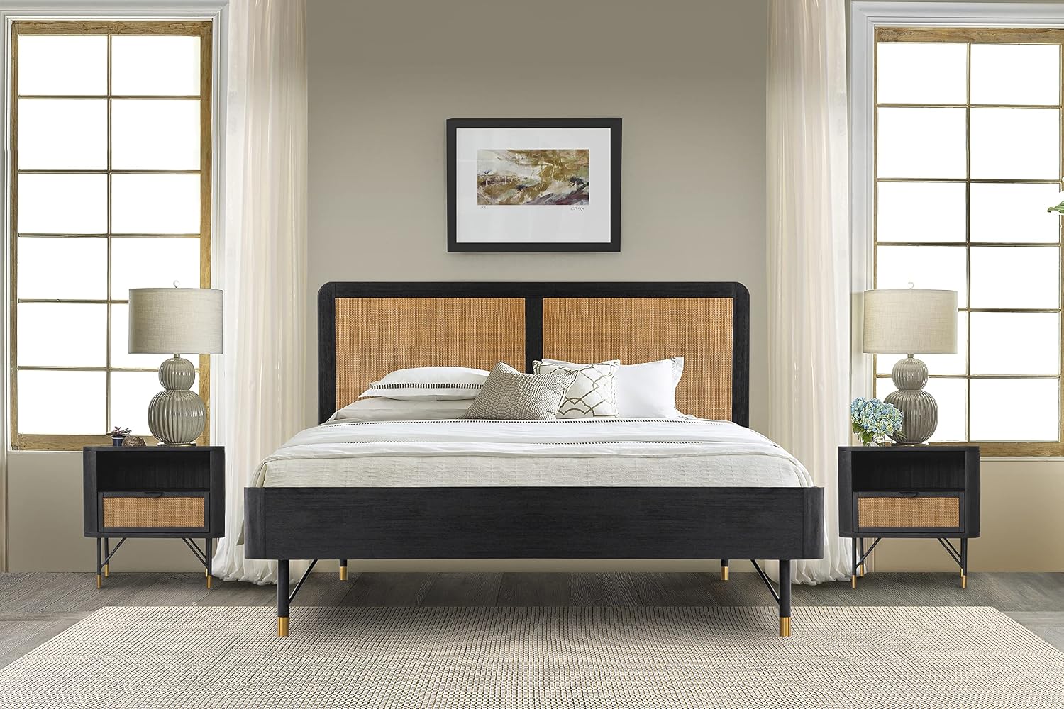 Armen Living Saratoga 3 Piece King Bedroom Set in Black Acacia Wood and Rattan