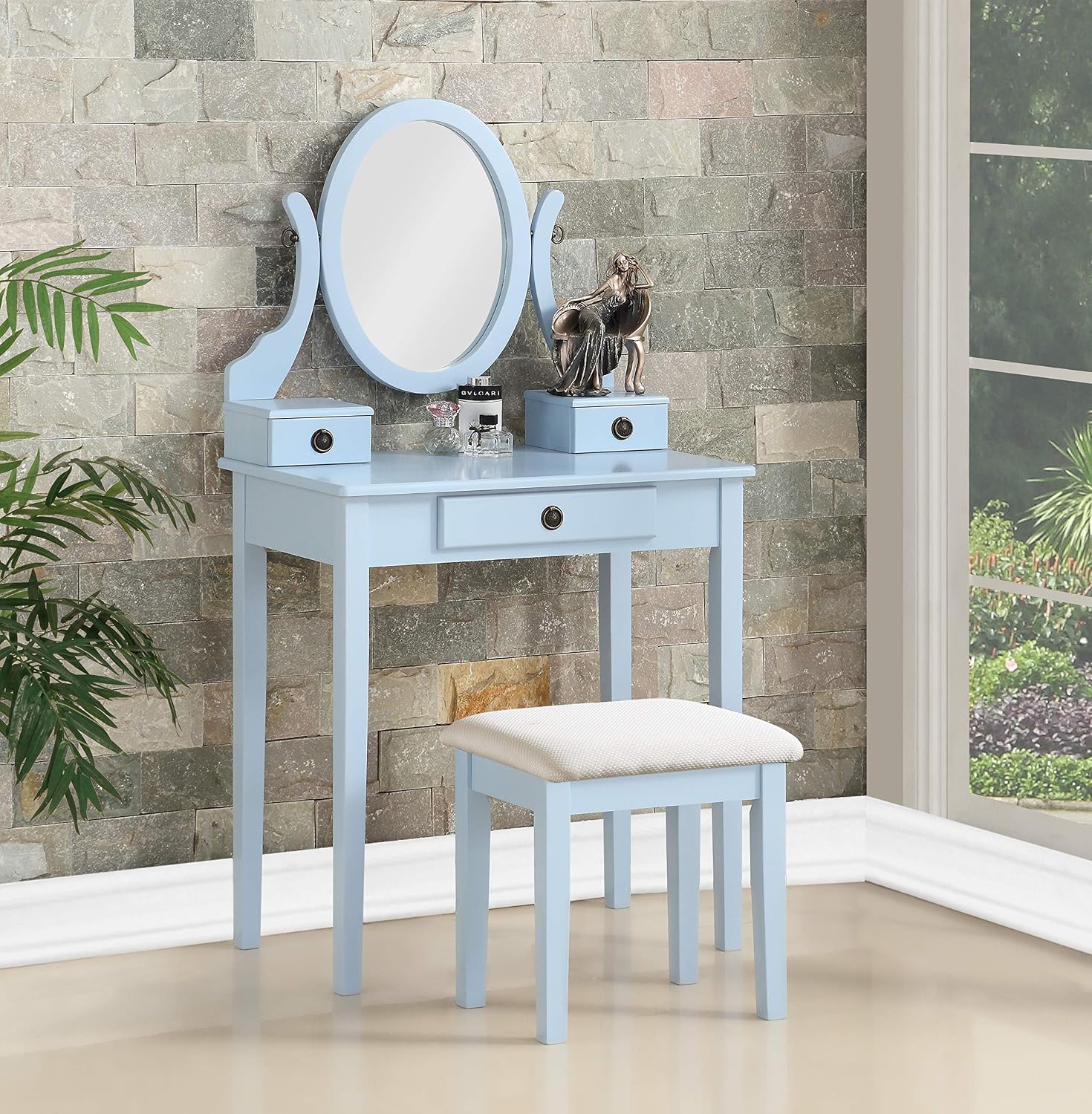Roundhill Furniture Moniys Wood Makeup Vanity Table and Stool Set, Blue
