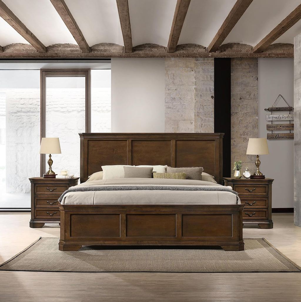 3 Wood Bedroom Set with King Size Panel Bed and Two Nightstands