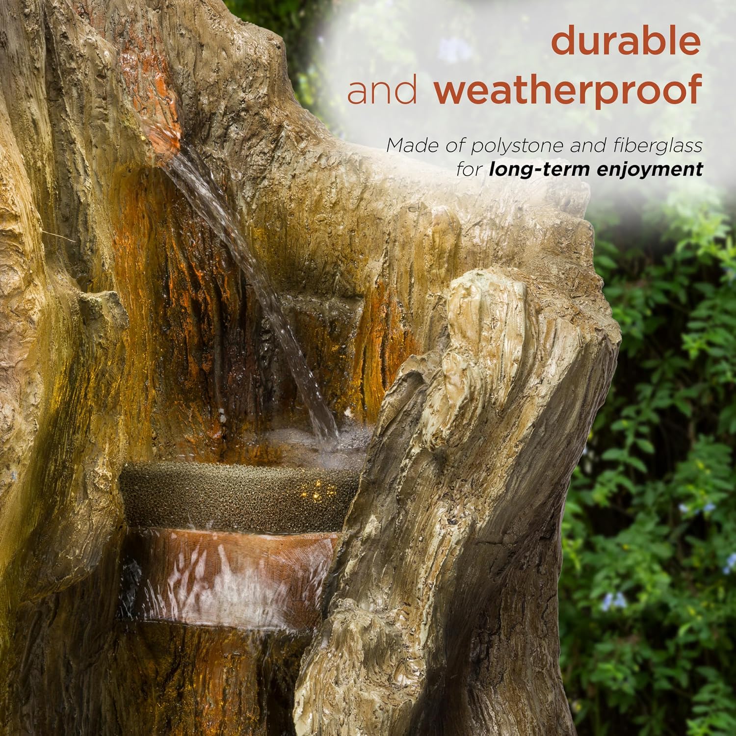 Alpine Corporation 62' Rustic Outdoor Tree Trunk Waterfall Fountain with LED Lights – Natural Wood-Look Water Feature for Gardens, Patios, Yards, and Landscaping Decor, Resin