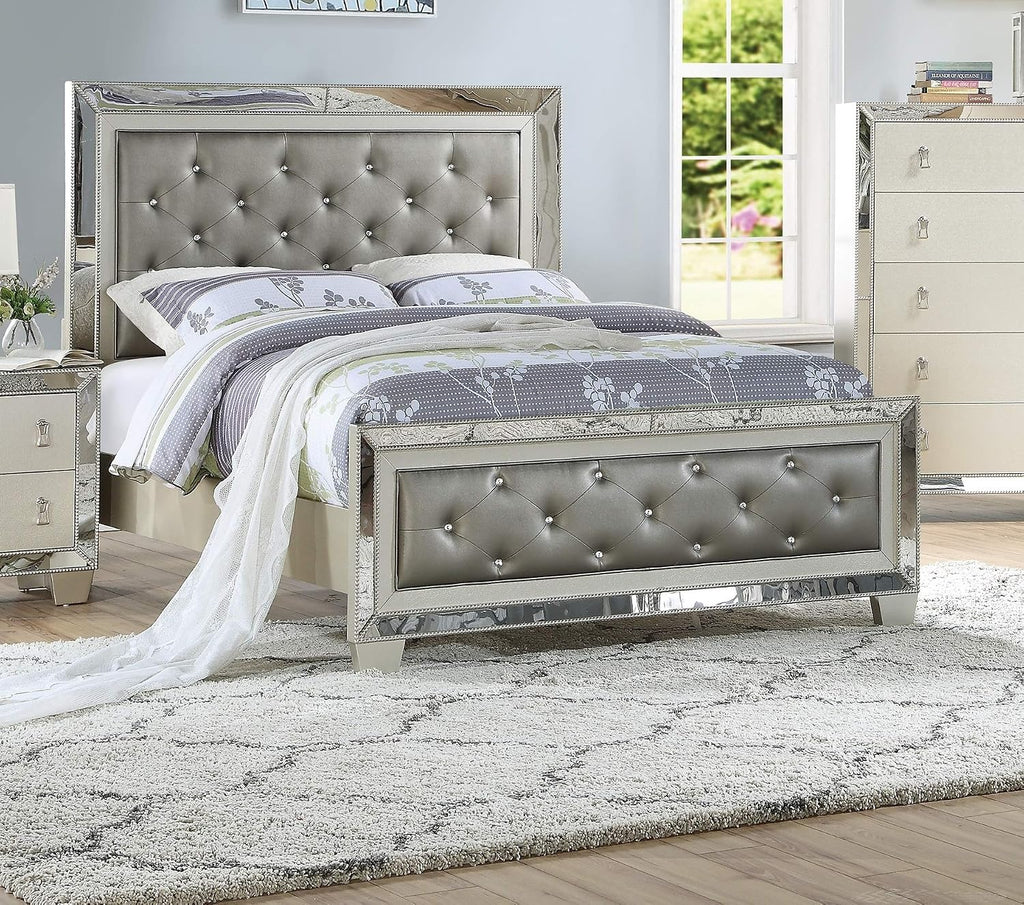 Antique Traditional Bedroom Silver Finish 1pc Bed Set Furniture Button Tufted Headboard Footboard Mirrored Accent (California King)