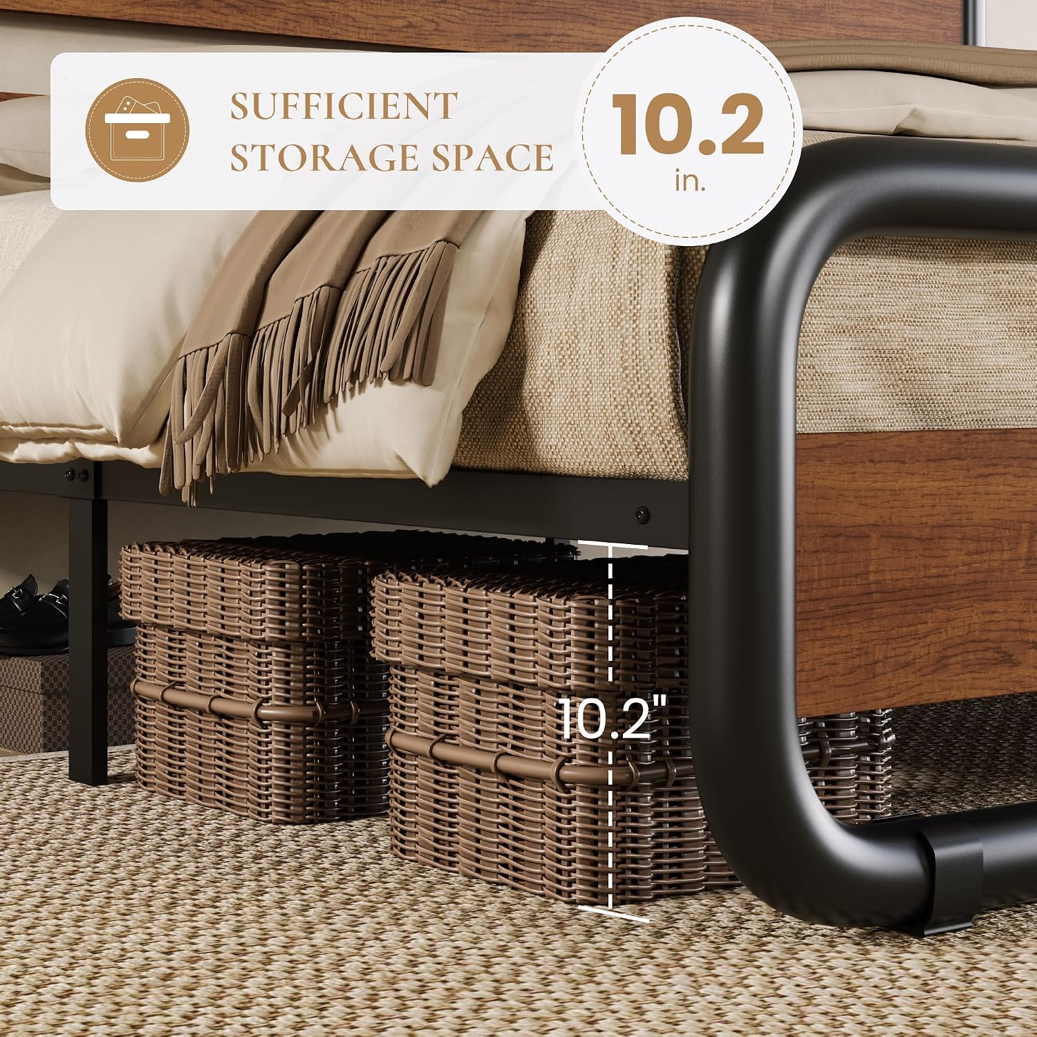 SHA CERLIN Queen Size Metal Bed Frame with Wooden Headboard and Footboard, Heavy Duty Oval-Shaped Platform Bed with Under-Bed Storage, Noise Free, No Box Spring Needed, Vintage Walnut