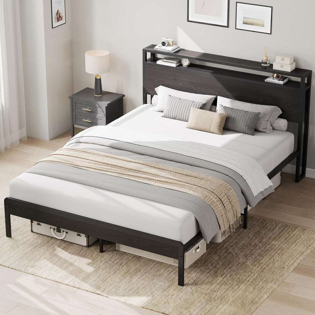 LIKIMIO Queen Bed Frame with Headboard, Dark Wood Camas Queen with Strong Supports, Sturdy, Noise-Free, No Box Spring Needed, Classic Black