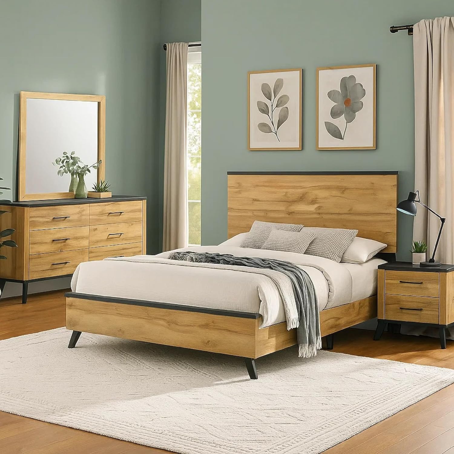 Benzara Wemy 4 Piece King Size Bed Set, Rustic Brown Pine Wood, Tapered Legs