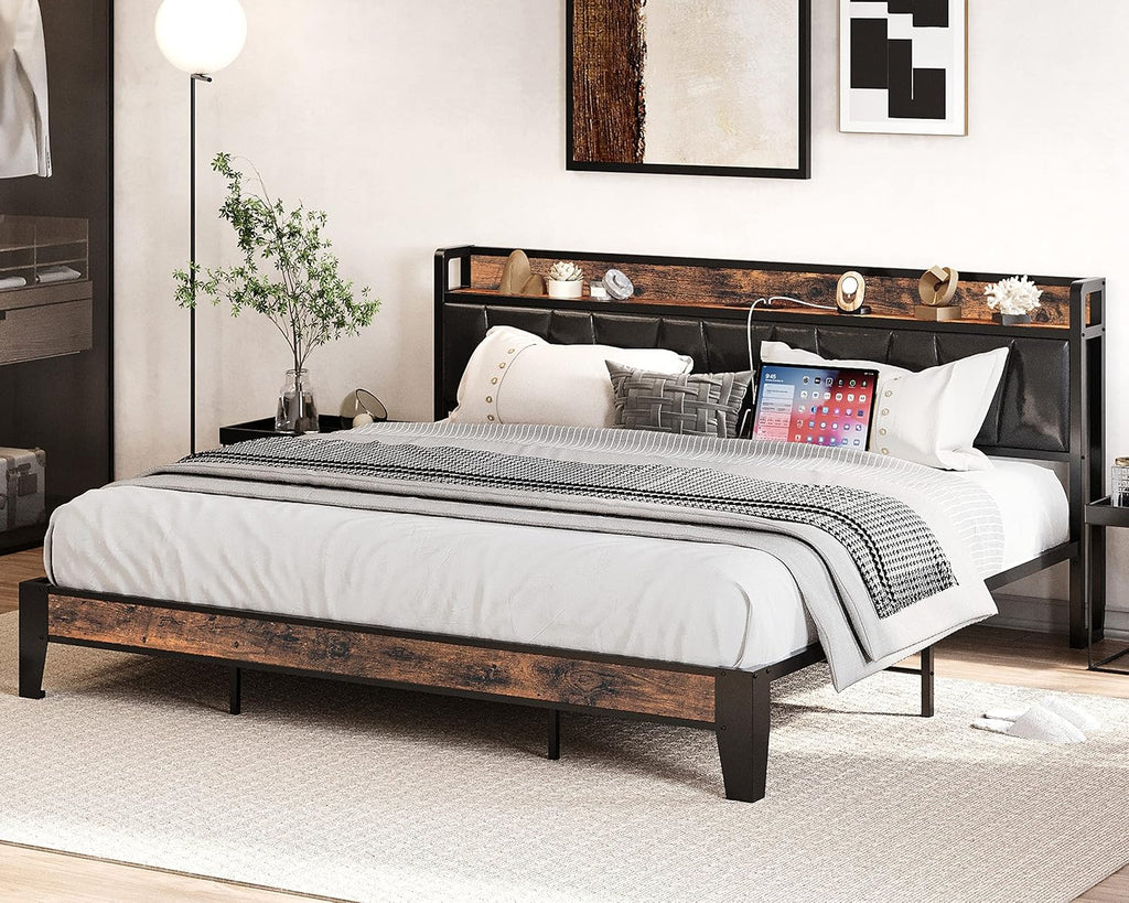 LIKIMIO King Bed Frame with Storage Headboard and Charging Station, Set of 2 Nightstands with Drawers, Shelves and Charging Stations, Vintage Brown