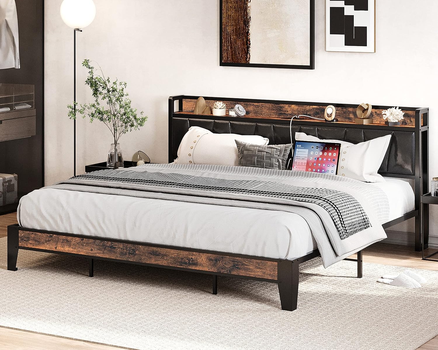 LIKIMIO King Bed Frame with Storage Headboard and Charging Station, Set of 2 Nightstands with Drawers, Shelves and Charging Stations, Vintage Brown