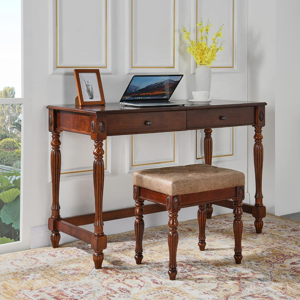 LEEMTORIG Vanity Stool Bench Ottoman Stool, Traditional Victorian Style Piano Bench Chair, Upholstered Button Tufted Solid Wood Short Bench, 14.2' Dx18.5 Wx19.1 H, Yellowish Brown Fabric, FD-1533-LT