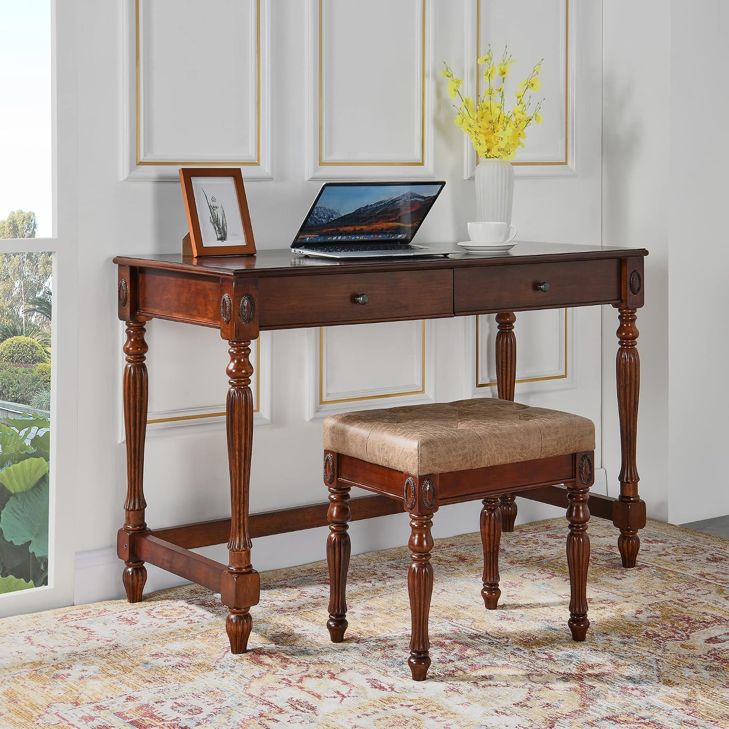 LEEMTORIG Vanity Stool Bench Ottoman Stool, Traditional Victorian Style Piano Bench Chair, Upholstered Button Tufted Solid Wood Short Bench, 14.2' Dx18.5 Wx19.1 H, Yellowish Brown Fabric, FD-1533-LT