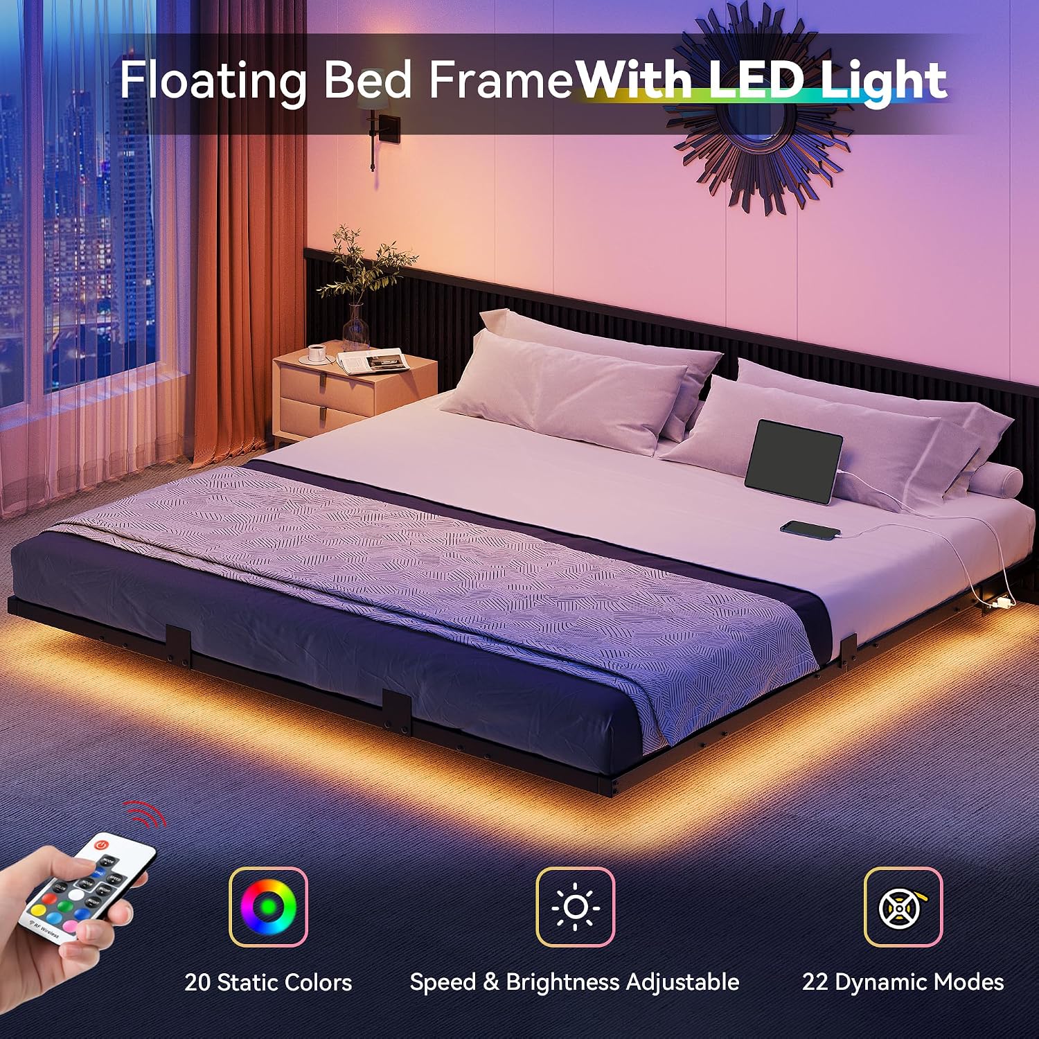 YITAHOME Floating Bed Frame King Size,Floating Bed with LED Lights & Charging Station, Metal Platform Bed Frame with Heavy Duty Steel Slats, No Box Spring Needed, Black