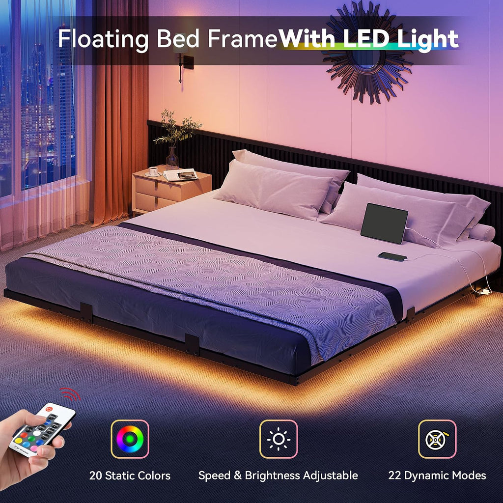 YITAHOME Floating Bed Frame King Size,Floating Bed with LED Lights & Charging Station, Metal Platform Bed Frame with Heavy Duty Steel Slats, No Box Spring Needed, Black