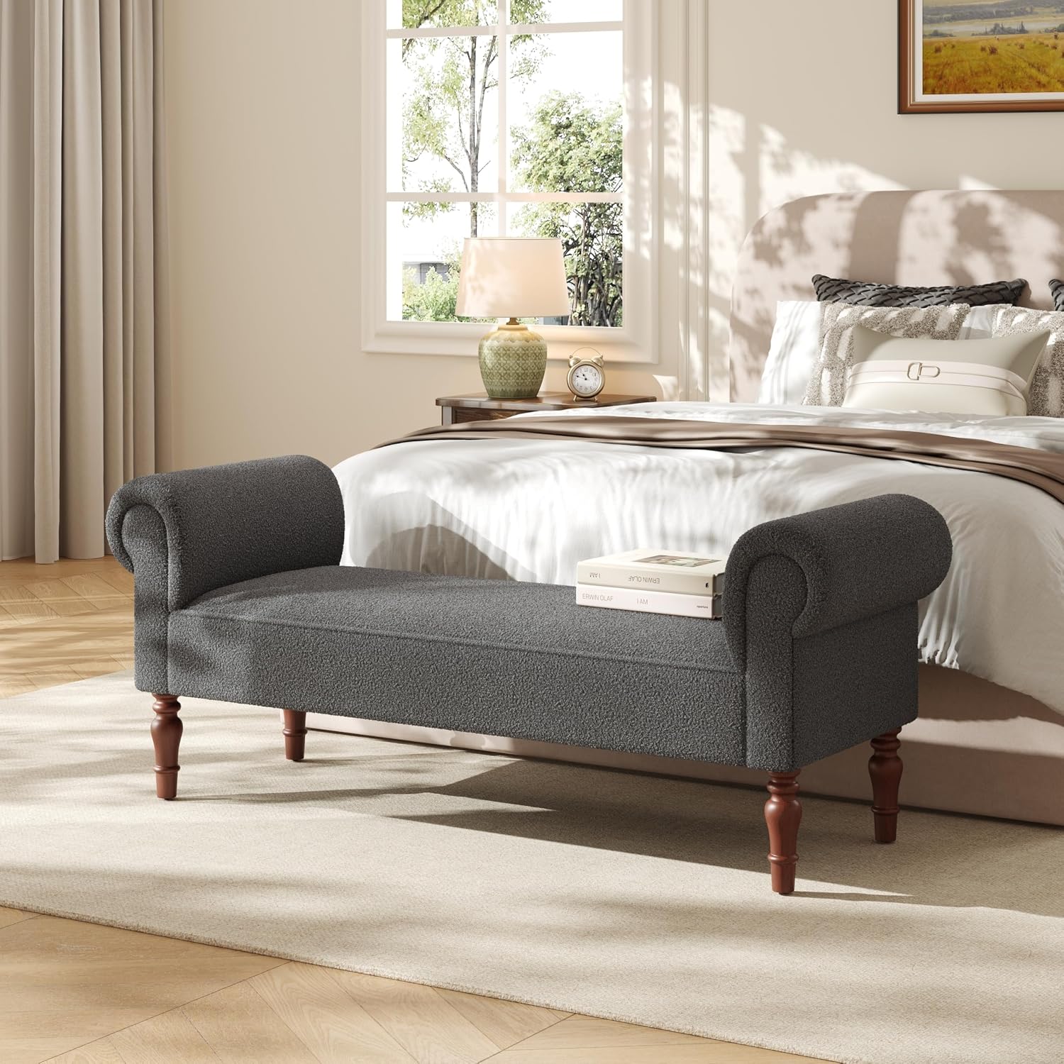 Merax 59' Upholstered Teddy Bench with Rolled Arms, End of Bed Bench with Cushion & Solid Wood Legs for Bedroom, Living Room, Entryway, Grey