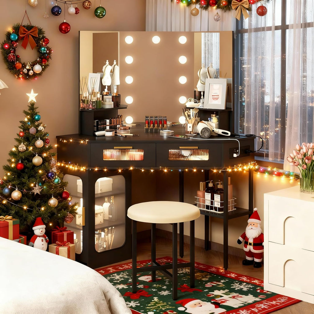 Lareth Corner Vanity Desk with 3 Way Mirror and Lights, Modern Makeup Vanity with Charging Station, Stool, 45.5' Large Bedroom Dressing Table with 2 Drawers & Shelves, Gifts for Girls Women, Black