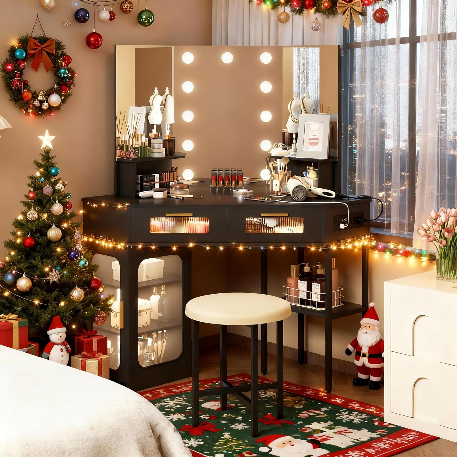 Lareth Corner Vanity Desk with 3 Way Mirror and Lights, Modern Makeup Vanity with Charging Station, Stool, 45.5' Large Bedroom Dressing Table with 2 Drawers & Shelves, Gifts for Girls Women, Black