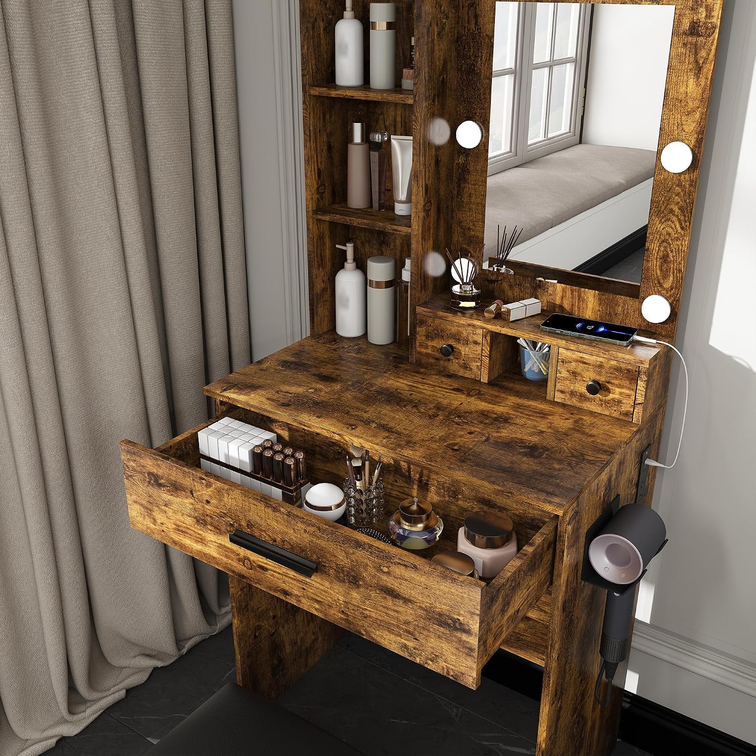 Runboll Small Vanity Desk with Mirror and Lights, Compact Makeup Vanity with Power Strip & Hairdryer Holder, Dressing Table Set with Stool, Drawers & Shelves